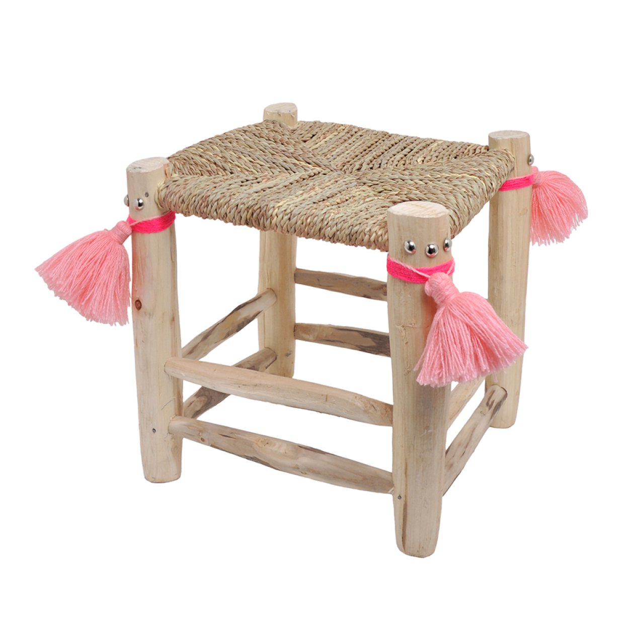 Tabouret Folk avec pompons rose clair