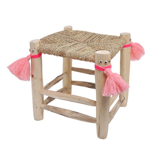 Tabouret Folk avec pompons rose clair