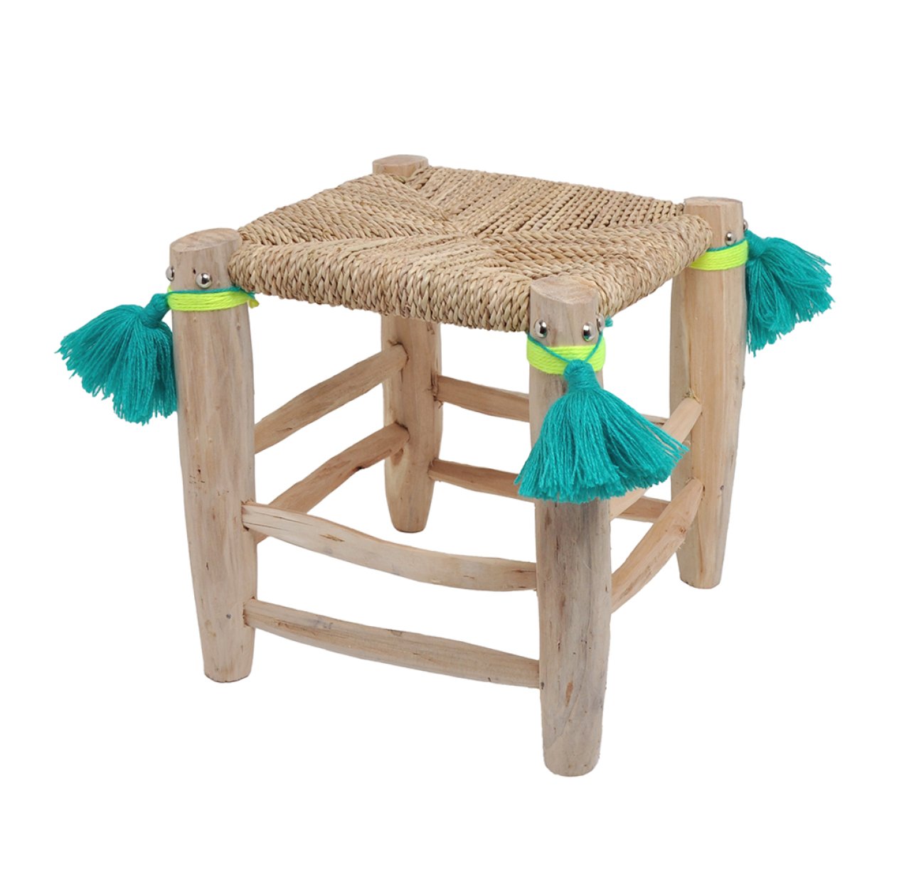 Tabouret Folk avec pompons vert électrique