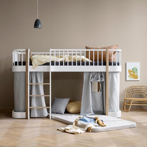 Lit mezzanine mi-haut Wood avec échelle face - Blanc/Chêne