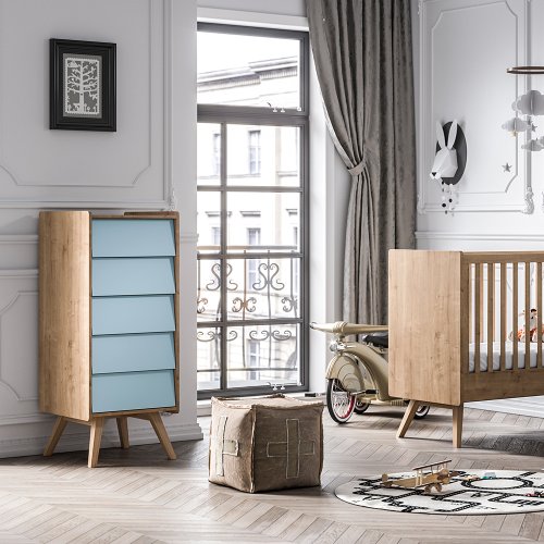 Chiffonnier 5 tiroirs Vintage - Chêne/Bleu