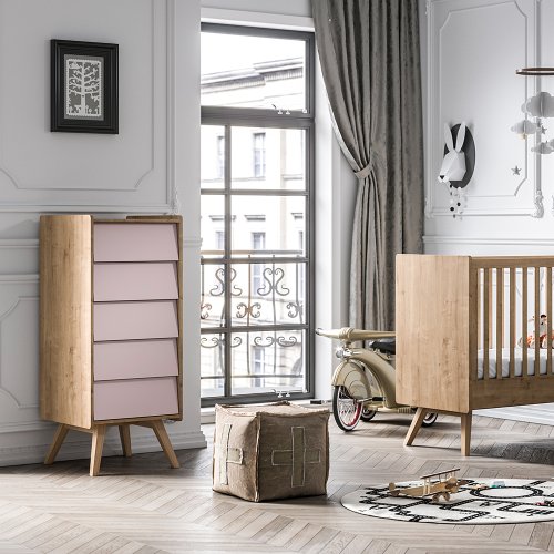 Chiffonnier 5 tiroirs Vintage - Chêne/Rose