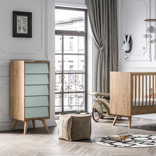 Chiffonnier 5 tiroirs Vintage - Chêne/Vert