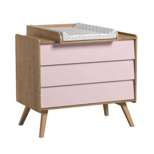 Commode 3 tiroirs à langer Vintage - Chêne/Rose