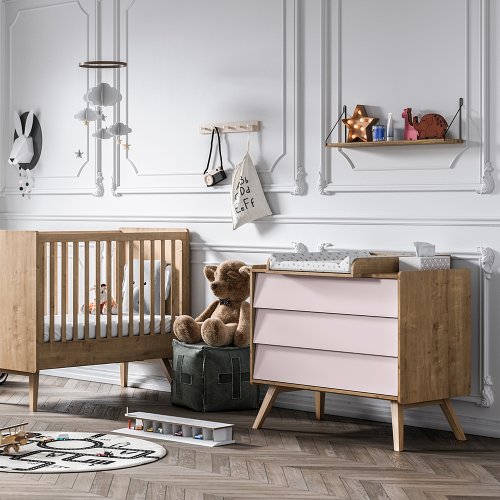 Commode 3 tiroirs à langer Vintage - Chêne/Rose