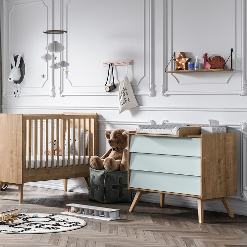 Commode 3 tiroirs à langer Vintage - Chêne/Vert
