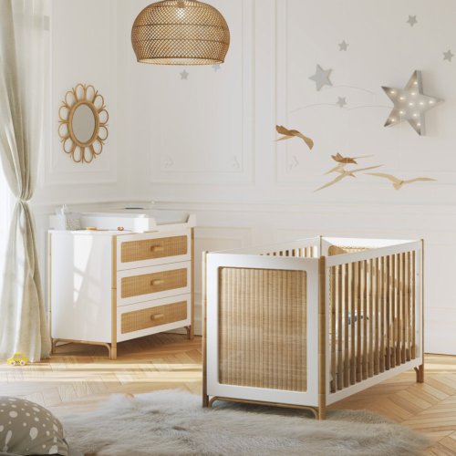 Lit bébé évolutif cèdre et rotin Océania 60x120cm - Blanc