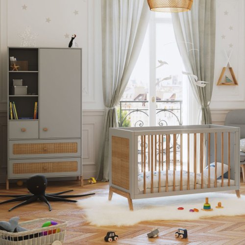 Lit bébé évolutif cèdre et rotin Marélia 60x120cm - Lune
