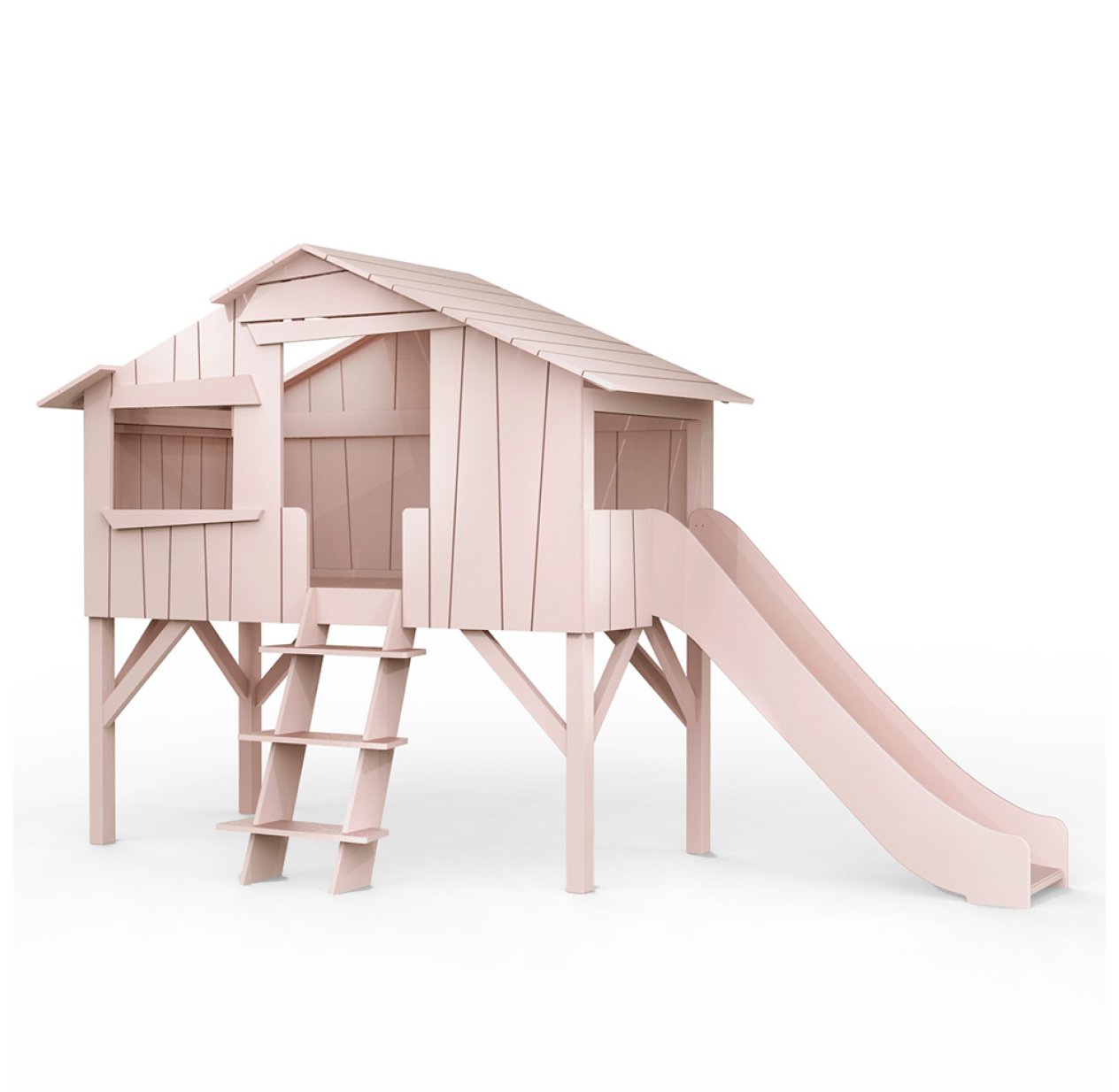 Lit Cabane avec Toboggan - Rose poudré