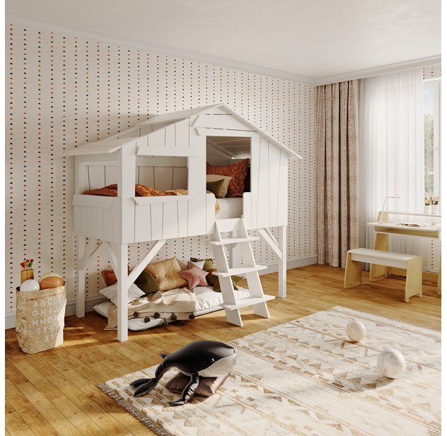 Lit cabane simple ou superposé en bois pour chambre d'enfants.