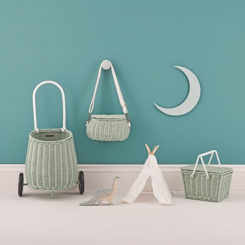 Panier à roulettes en rotin Luggy enfant - Mint