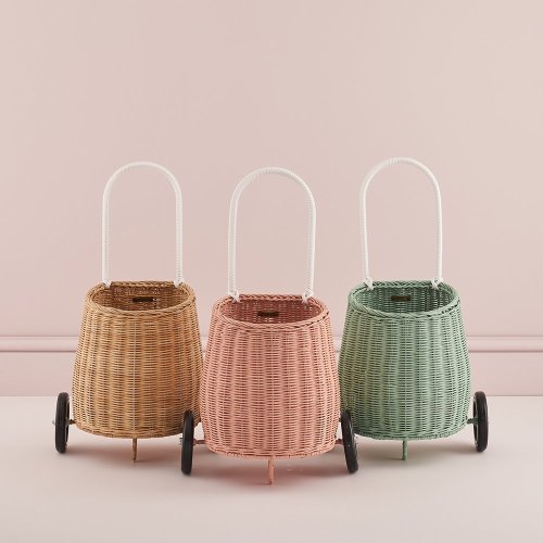 Panier à roulettes en rotin Luggy enfant - Rose poudré