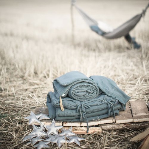 Parure de lit en gaze de coton - Bleu gris