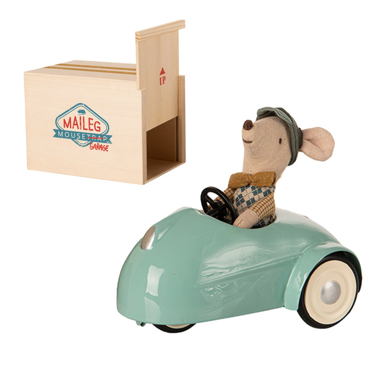 Souris en voiture avec son garage - Bleu