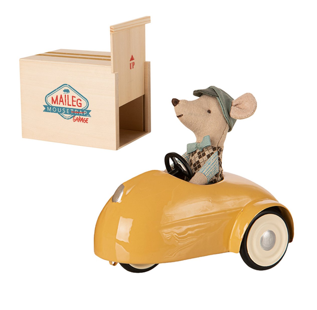Souris en voiture avec son garage - Jaune