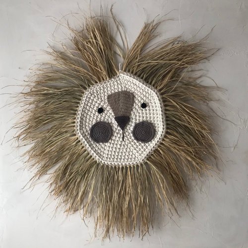 Grande tête de lion en raphia - Brun