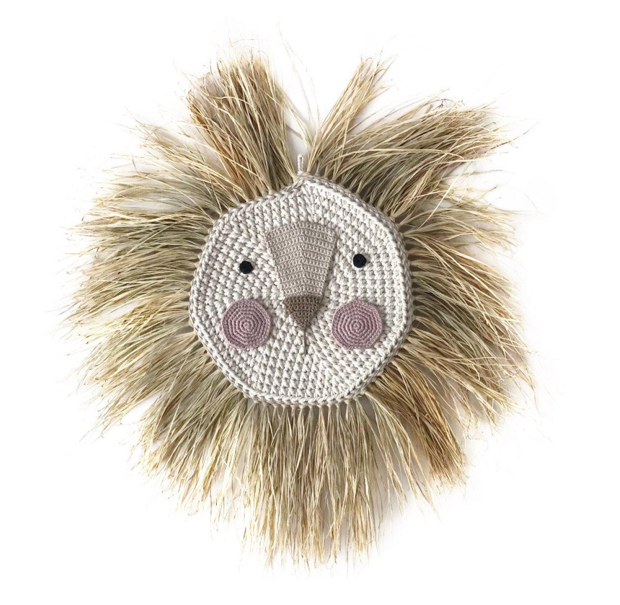 Grande tête de lion en raphia - Rose