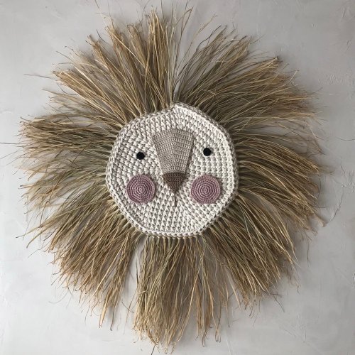 Grande tête de lion en raphia - Rose