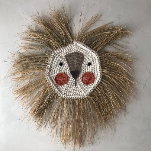 Grande tête de lion en raphia - Rouge